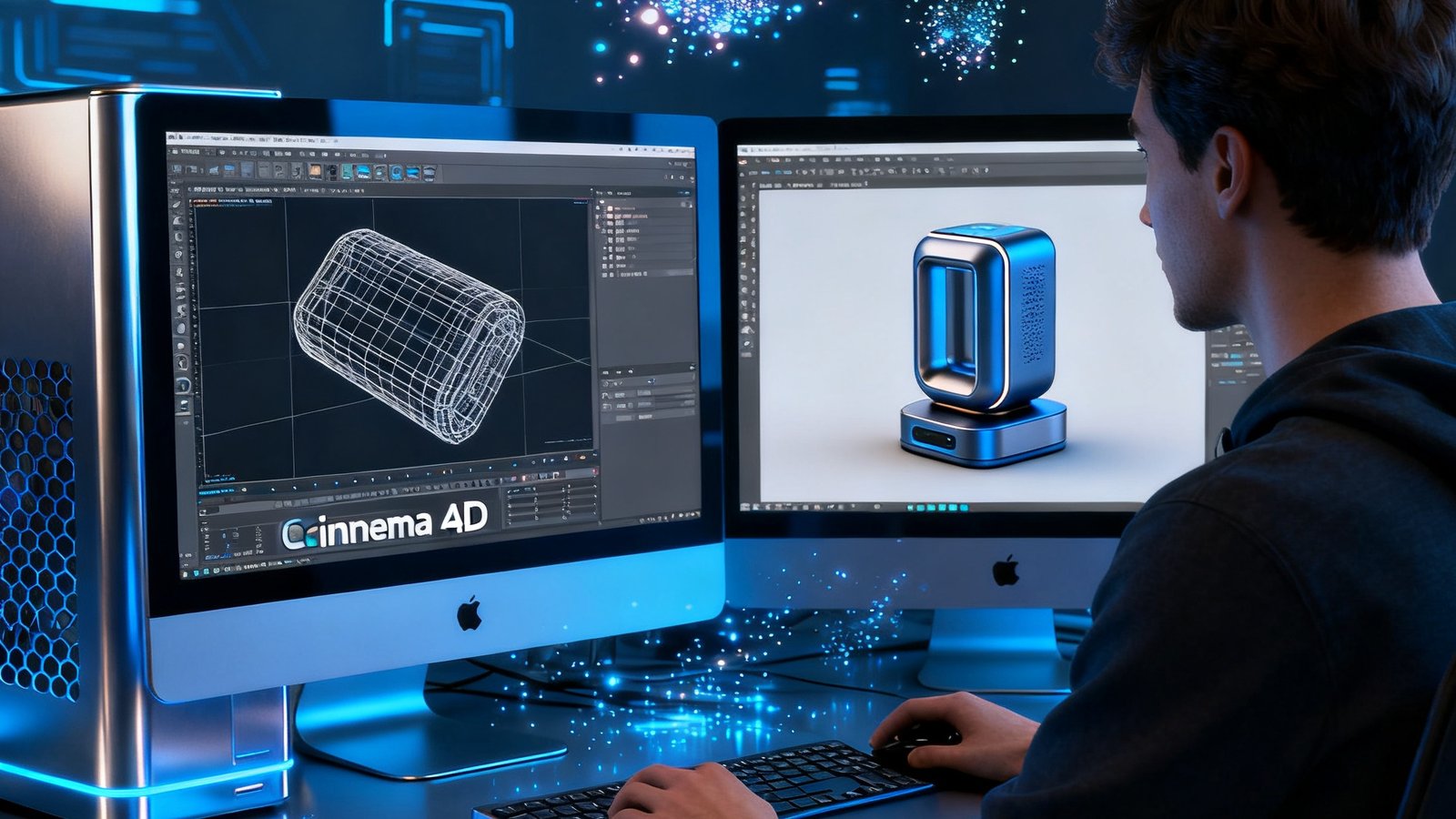 三维动画师在Mac工作站上使用Cinema 4D进行产品建模，左侧屏幕显示线框模型，右侧屏幕展示精细渲染后的成品效果，场景包含科技感粒子动画。