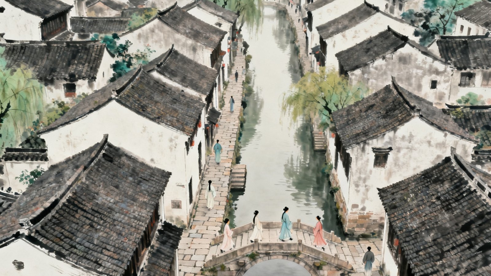 江南古镇文旅宣传片航拍画面：俯瞰视角下古镇全貌，小桥流水与青瓦白墙错落有致，游客身着汉服在石板巷中穿行，画面呈现水墨画般的东方美学。