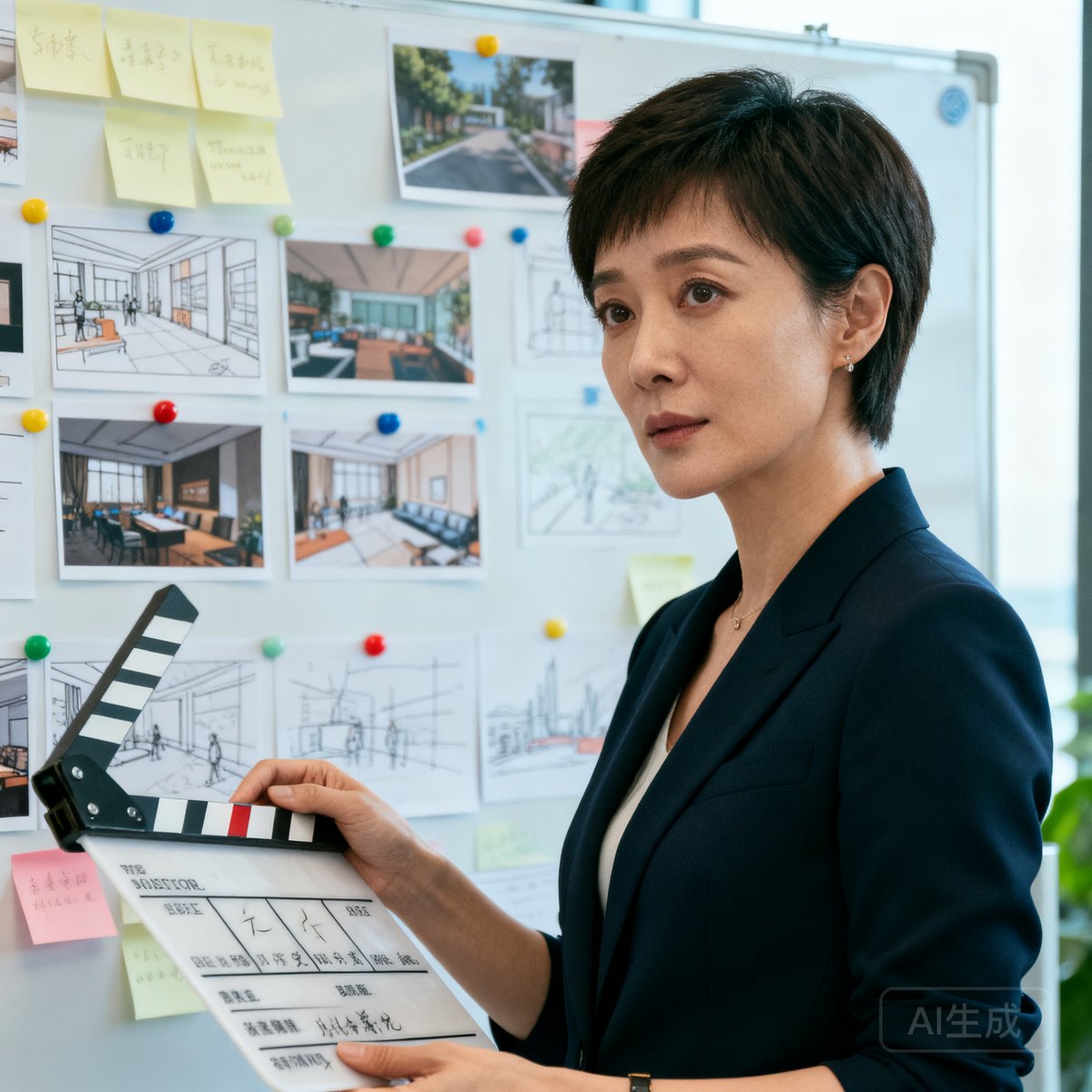 AGGAME创意总监林若溪，38岁，短发干练女性，手持分镜脚本板站在白板前，白板上贴满创意便签和场景概念图，眼神专注。