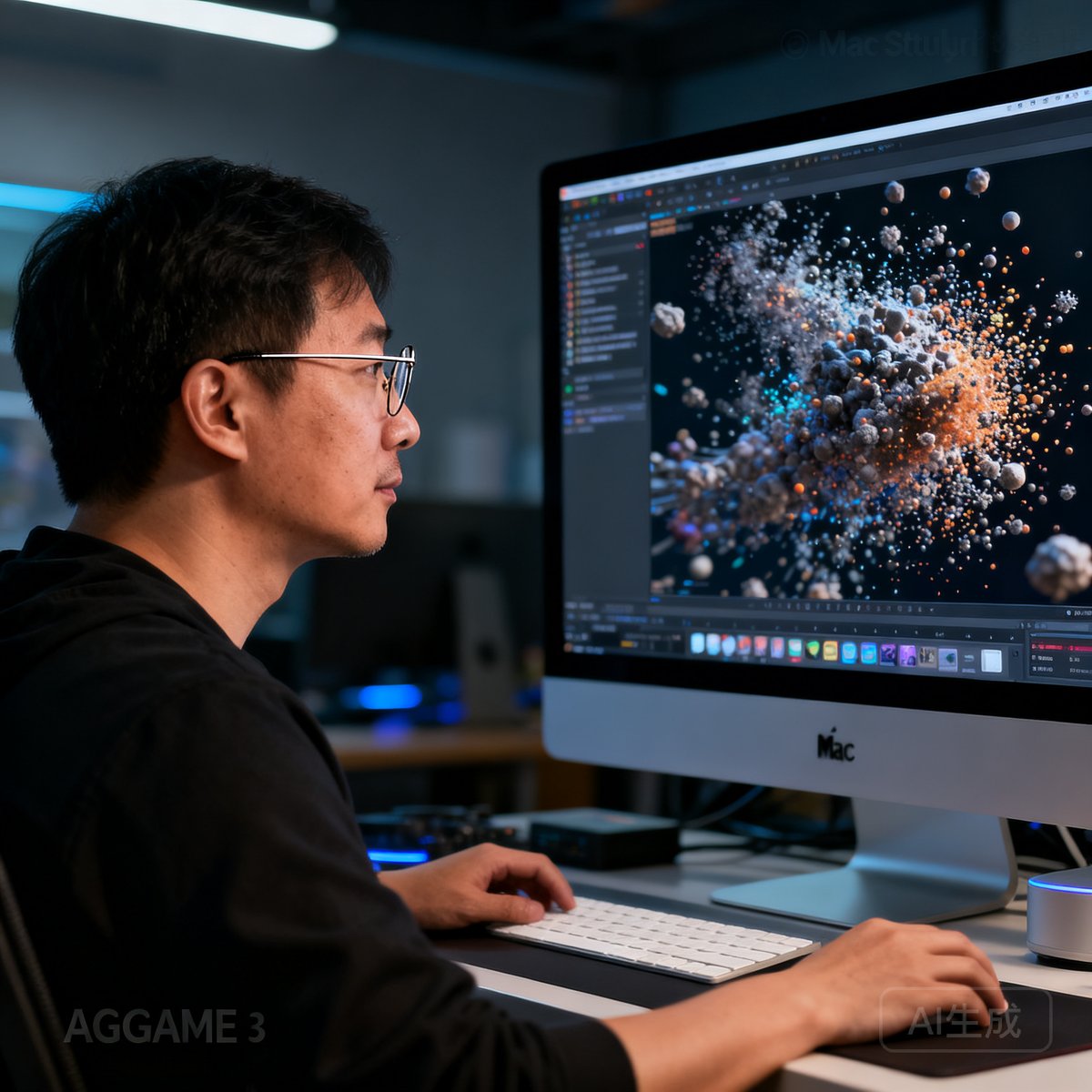 AGGAME三维动画总监陈墨，42岁，戴细框眼镜，坐在Mac Studio渲染工作站前，屏幕显示复杂的Houdini粒子模拟画面。